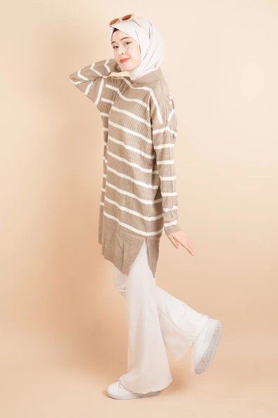 Kendinden Fitilli Yan Çizgili Tunik Kazak Bej - 4