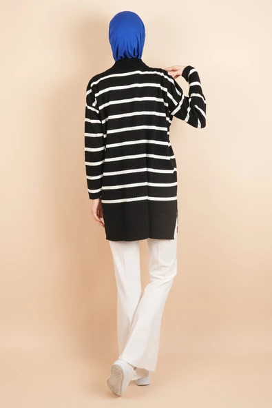 Kendinden Fitilli Yan Çizgili Tunik Kazak Siyah - 4