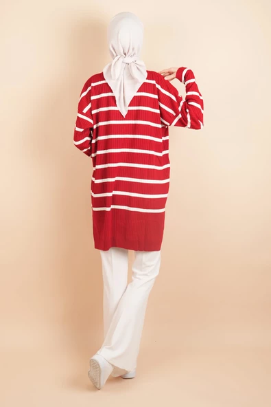 Kendinden Fitilli Yan Çizgili Tunik Kazak Kırmızı - 4