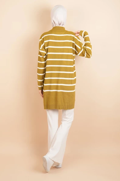 Kendinden Fitilli Yan Çizgili Tunik Kazak Yağ Yeşili - 3