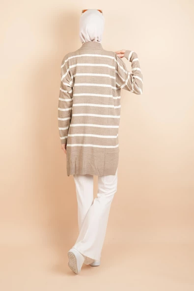 Kendinden Fitilli Yan Çizgili Tunik Kazak Bej - 3