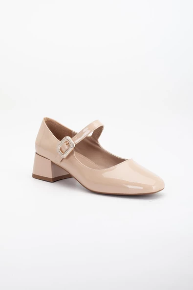 Büyük Numara Kadın Topuklu Ayakkabı Ten Rugan Baretli Taşlı Burs - Resim 4