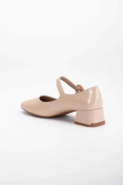 Büyük Numara Kadın Topuklu Ayakkabı Ten Rugan Baretli Taşlı Burs - Resim 5