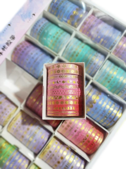 5mm Altın folyo baskılı İnce Yapışkanlı dekoratif maskeleme Kağıdı, Desenli bant 10 lu - Çiçek - 2