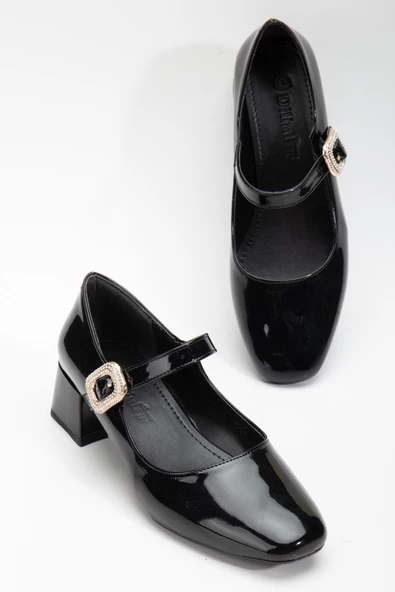 Büyük Numara Kadın Topuklu Ayakkabı Siyah Rugan Baretli Taşlı Burs - Resim 2