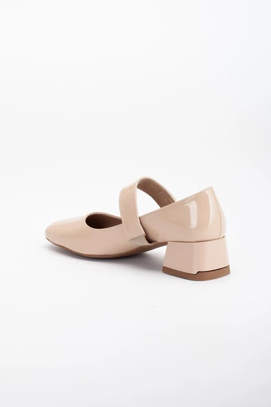 Büyük Numara Kadın Topuklu Ayakkabı Ten Rugan Baretli Metal Tokalı - Resim 5