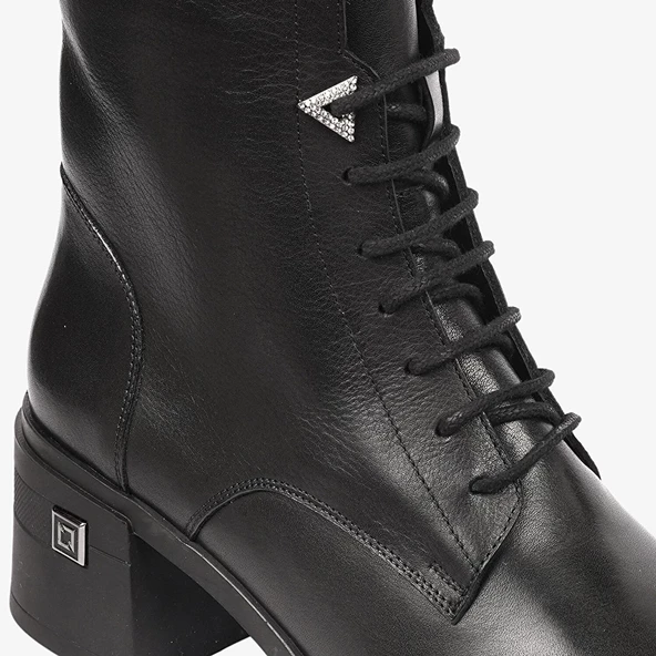 Greyder 59127 Kadın Hakiki Deri Bağcıklı Kenarı Fermuarlı Kalın Topuk Chıc Bot - 12