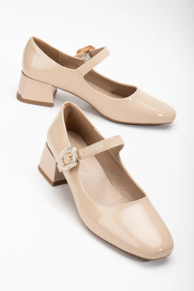 Büyük Numara Kadın Topuklu Ayakkabı Ten Rugan Baretli Taşlı Burs - Resim 2