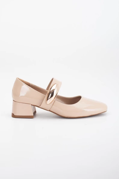 Büyük Numara Kadın Topuklu Ayakkabı Ten Rugan Baretli Metal Tokalı - Resim 3