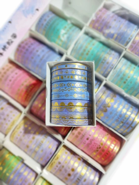 5mm Altın folyo baskılı İnce Yapışkanlı dekoratif maskeleme Kağıdı, Desenli bant 10 lu - Yıldız - 2