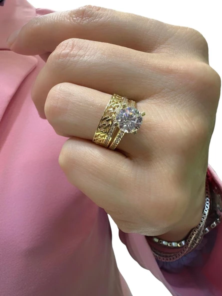 Tek taş Gurmet Model Alyans İkili Kombin Günlük 8 Ayar Altın Yüzük - Resim 3