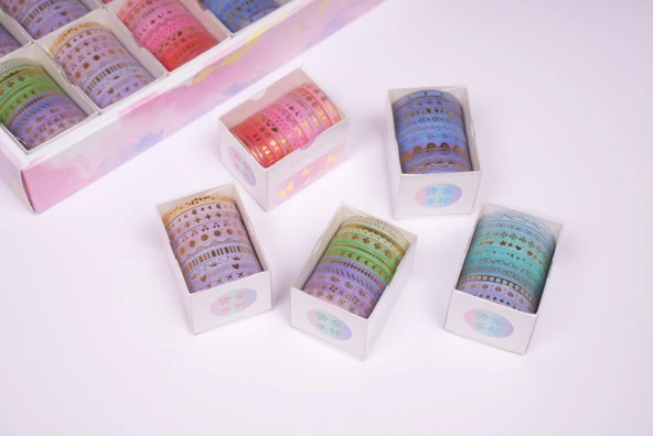 5mm Altın folyo baskılı İnce Yapışkanlı dekoratif maskeleme Kağıdı, Desenli bant 10 lu - Yıldız - 3