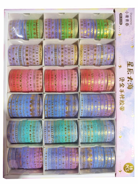 5mm Altın folyo baskılı İnce Yapışkanlı dekoratif maskeleme Kağıdı, Desenli bant 10 lu - Yıldız - 6