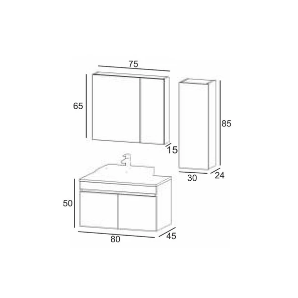 Denko Etna 80 cm MDF Kül Gri Banyo Dolabı Takımı ve Boy Dolabı - Resim 3
