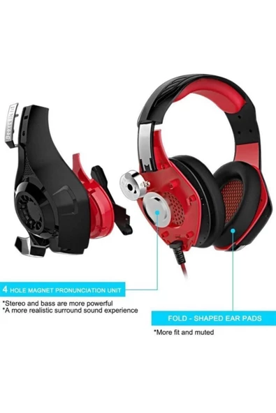 Led Işıklı Oyuncu Kulaklığı Dahili Mikrofon 3.5 Mm Kablolu Ps4/pc Kırmızı 1.75MT Beexcellent Gm-1 - 3