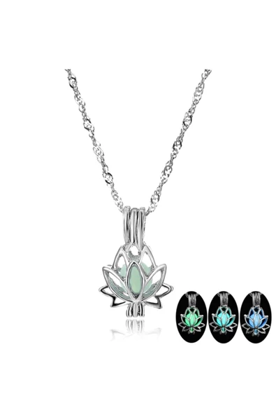 Mavi Gece Parlayan Lotus Çiçeği Kolye Aksesuar - 2