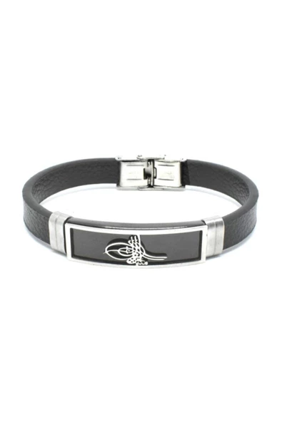 Deri Osmanlı Tuğralı Erkek Çelik Bileklik - 2