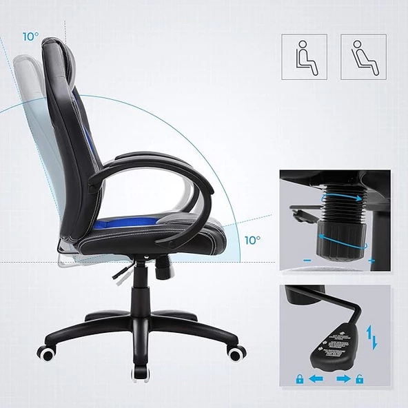 Songmics Yarış Koltuğu, Ofis Koltuğu, Oyuncu Koltuğu, Yönetici Koltuğu, Döner Sandalye, Poliüretan, Siyah/Mavi, Obg56L - 4