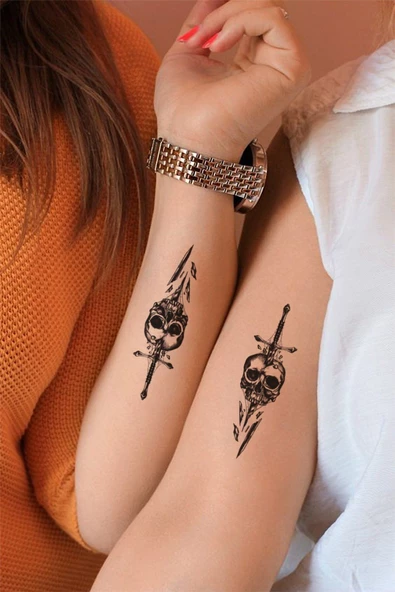 2'li Kurukafa Kılıç  İskeelt Dövme Unisex Tattoo Geçici Dövme Şık Aksesuar