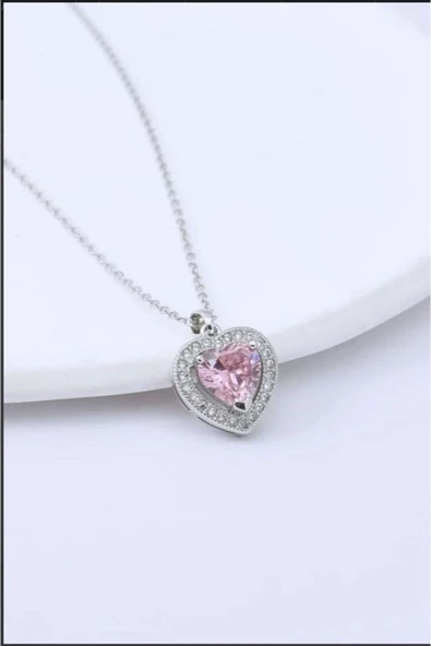 Gümüş Zincirli Zirkon Taşlı Pembe Kalp Paslanmaz Çelik Kolye Aksesuar Şık Hediyelik