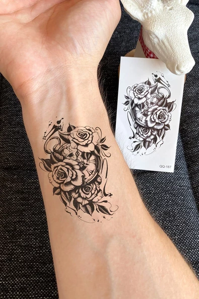 Saat ve Gül Geçici Dövme Tattoo Şık Aksesuar