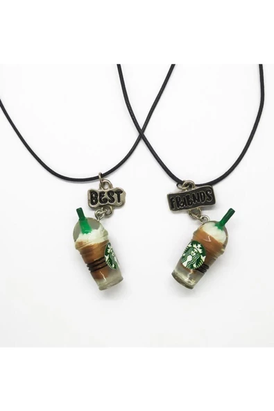 Kahverengi Starbucks Bardak Best Friends Bff 2'li Deri İpli Kolye
