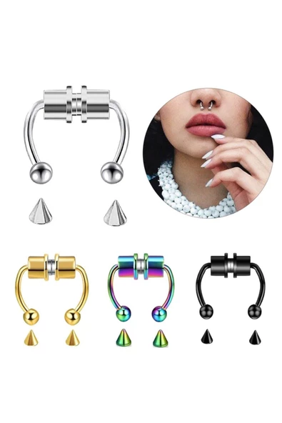 Siyah Renk Mıknatıslı Fake Sahte Septum Piercing Aksesuar - 3