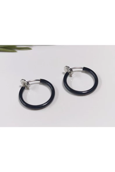 Çelik Siyah Renk Yaylı Sıkıştırmalı Halka Küpe, Kararma Yapmaz, 2 Li Set, 12 Mm - 2