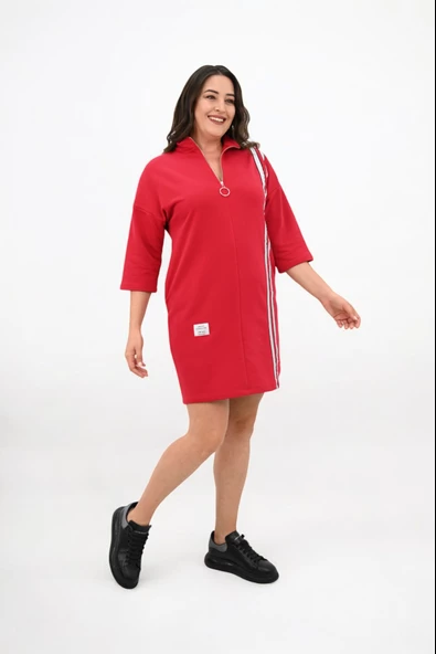 Kadın Büyük Beden Yarım Fermuarlı Şerit Detaylı Spor Elbise 5277-25 - 11