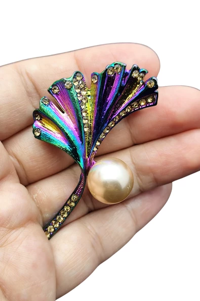 İnci Işıltılı Ginkgo Yaprağı Broş ve Kolye Ucu - 2