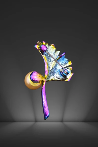 İnci Işıltılı Ginkgo Yaprağı Broş ve Kolye Ucu - 3