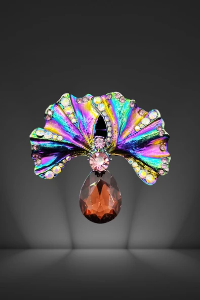 Gökkuşağı Parıltılı Damla Taşlı Yaprak Broş ve Kolye Ucu - 2