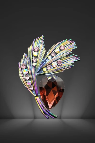 İhtişamlı Koyu Kristal Tüy Broş ve Kolye Ucu - 2