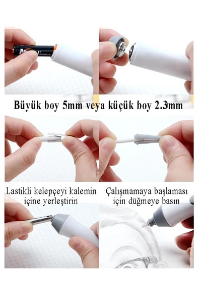 Elektronik Silgi Pilli 1 Paket Otomatik Taşınabilir Kalem Silgi Karakalem Eskiz Çizim Grafit Elektrikli - 4