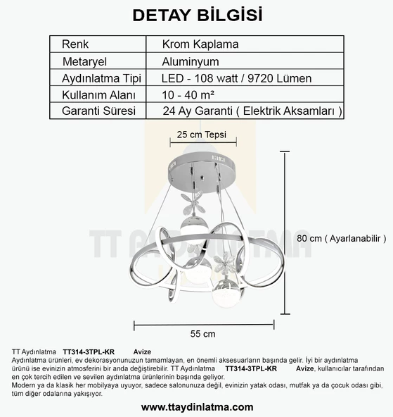 TT Aydınlatma TT314-3TPL-KR  Büyük Sarmal Modeli Krom Kaplama Led Avize - 4