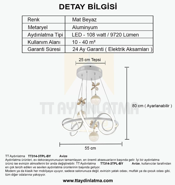 TT Aydınlatma TT314-3TPL-BY  Büyük Sarmal Modeli Mat Beyaz Led Avize - Resim 4