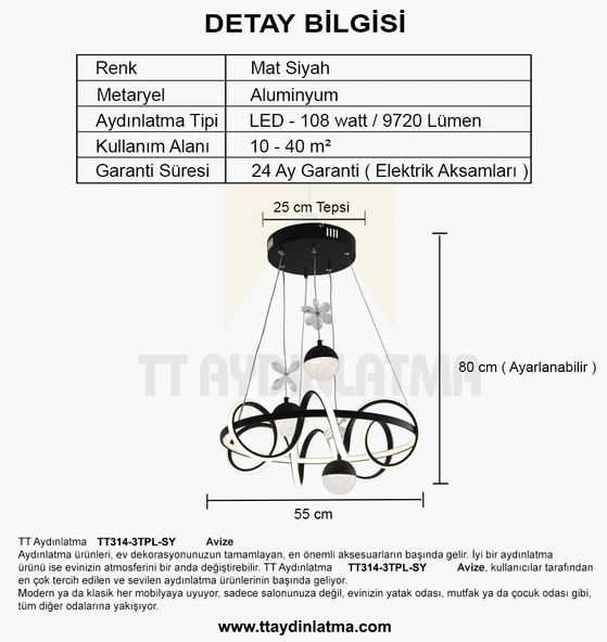 TT Aydınlatma TT314-3TPL-SY  Büyük Sarmal Modeli Mat Siyah Led Avize - Resim 4