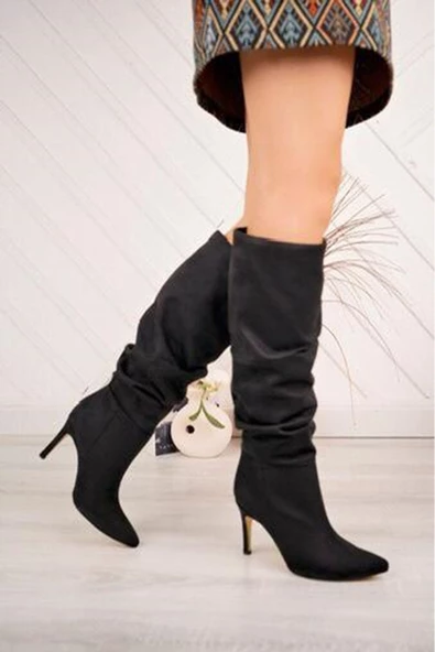 SYT-2003 Siyah Süet Körüklü İnce Topuklu Günlük Bayan Çizme - Resim 2