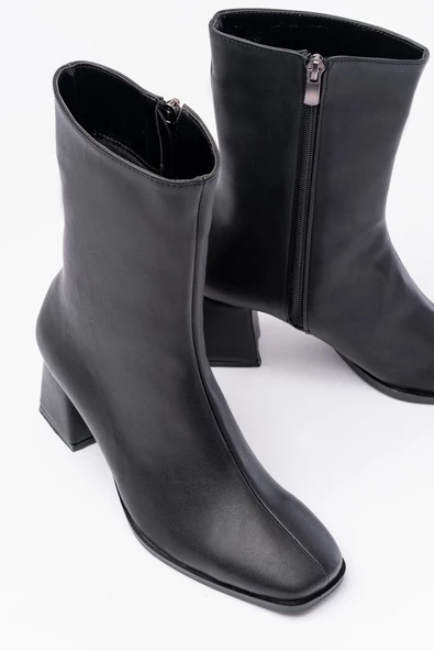 Siyah Topuklu Fermuarlı Kadın Bot - 6