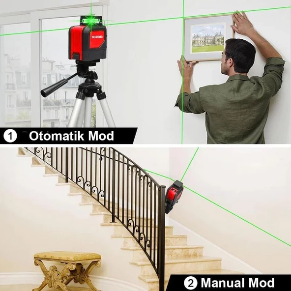 KOBB KBL30GTP Yatay 360° ve Dikey Otomatik Hizalamalı Yeşil Çapraz Çizgi Lazer Distomat 25 Mt + Tripod - 2