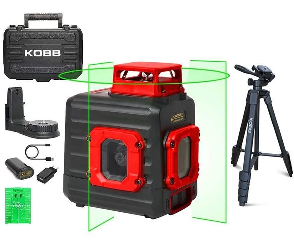 KOBB KBL33GTP Şarjlı 2x90⁰/360⁰ Otomatik Hizalamalı Yeşil Çapraz Çizgi Lazer Distomat 40 Mt + Tripod