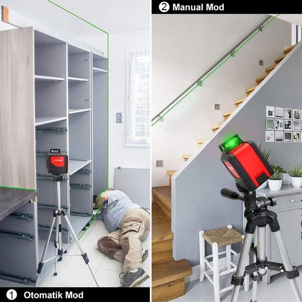 KOBB KBL30GTP Yatay 360° ve Dikey Otomatik Hizalamalı Yeşil Çapraz Çizgi Lazer Distomat 25 Mt + Tripod - 4