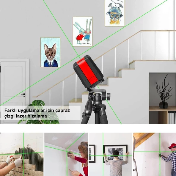KOBB KBL92G Yatay ve Dikey Otomatik Hizalamalı Yeşil Çapraz Çizgi Lazer, 2 Noktalı Şakül Lazer Distomat + Mini Tripod - 2