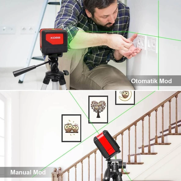 KOBB KBL92GTP Yatay ve Dikey Otomatik Hizalamalı Yeşil Çapraz Çizgi Lazer, 2 Noktalı Şakül Lazer Distomat  + Mini Tripod + Tripod - 3