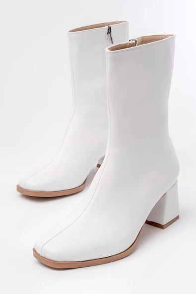 Beyaz Topuklu Fermuarlı Kadın Bot - 5