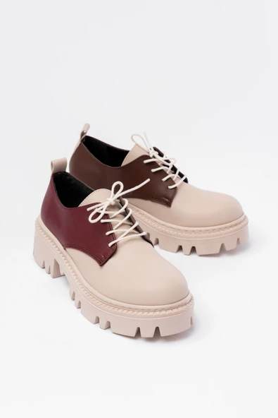 Bej Garni Bağcıklı Günlük Yüksek Tabanlı Loafer Ayakkabı - 3