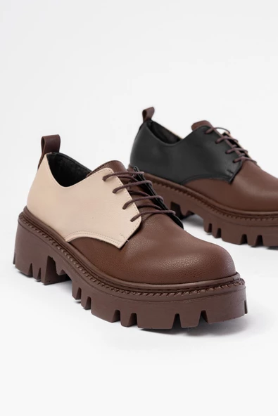 Kahverengi Garni Bağcıklı Günlük Yüksek Tabanlı Loafer Ayakkabı - 4