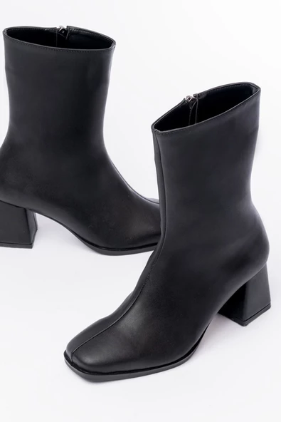 Siyah Topuklu Fermuarlı Kadın Bot - 4