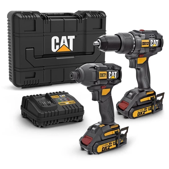 CAT DX12K Çift Akülü Şarjlı Darbeli Matkap 18Volt/2.0Ah + DX71 Darbeli Tornavida Kombo Set