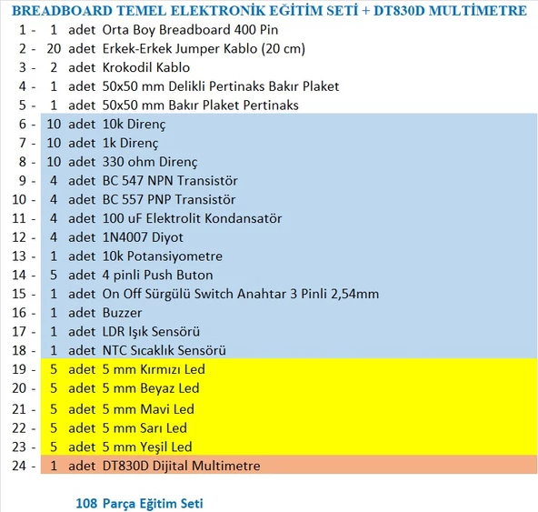 BREADBOARD TEMEL ELEKTRONİK DEVRE EĞİTİM SETİ + DT830D MULTİMETRE - 2